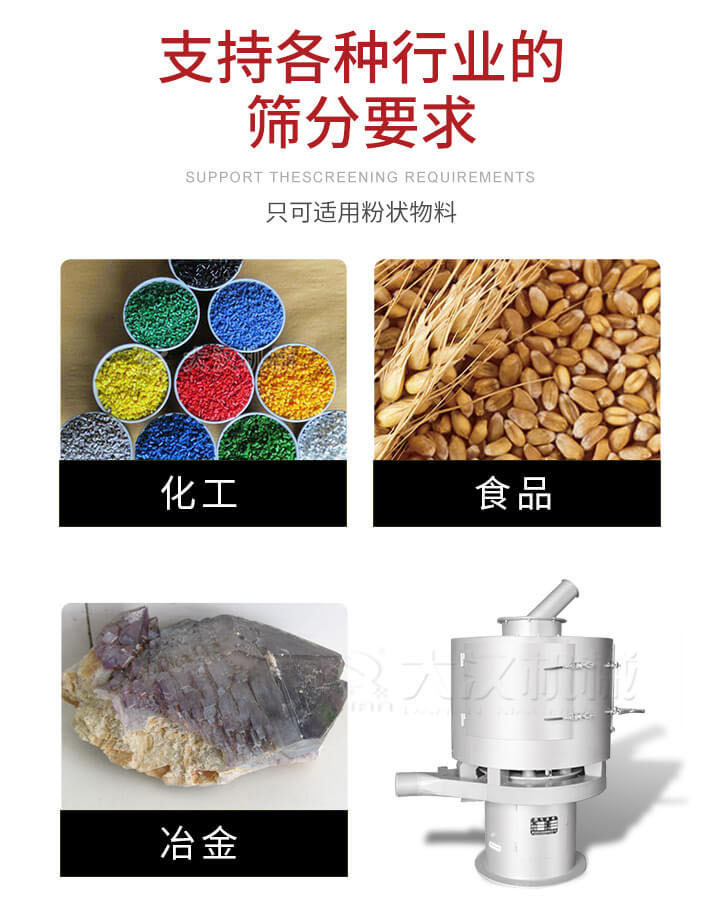 氣流篩用于礦粉，石墨粉，活性納米碳酸鈣，鋁灰，大豆粉，碳酸重鈣，石墨粉，木粉，干草，重金石粉，藥粉末，橡膠顆粒，草酸鹽，干料粉，木粉，聚酯粉，干粉，塑料，金屬粉末，橡膠粉，粉煤灰，石墨粉，陶瓷粉，鋅粉，石英粉，石灰粉，鐵粉，金屬硅粉等。