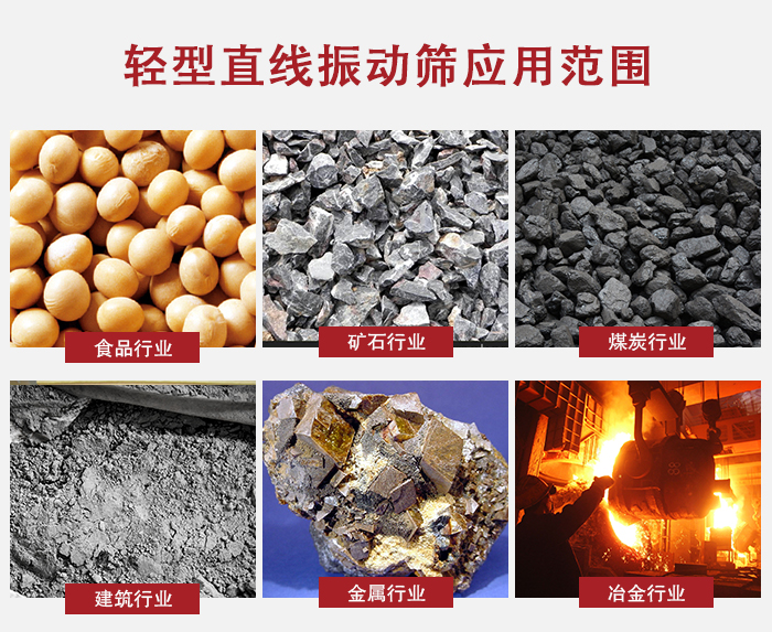 輕型直線振動篩應(yīng)用范圍較廣多使用與顆粒狀，粉狀以及其它重型行業(yè)的輸送。
