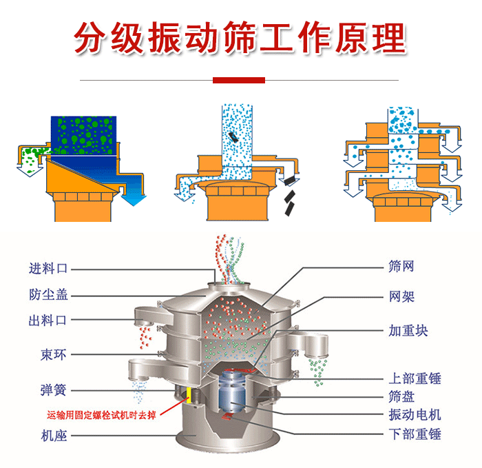 分級振動篩內部結構：進料口，防塵蓋，出料口，束環，彈簧，機座，篩網，網架，上部重錘，振動電機，下部重錘。