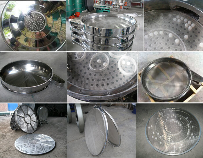 食品振動篩細節展示：防塵蓋，篩框，網架，底框等。